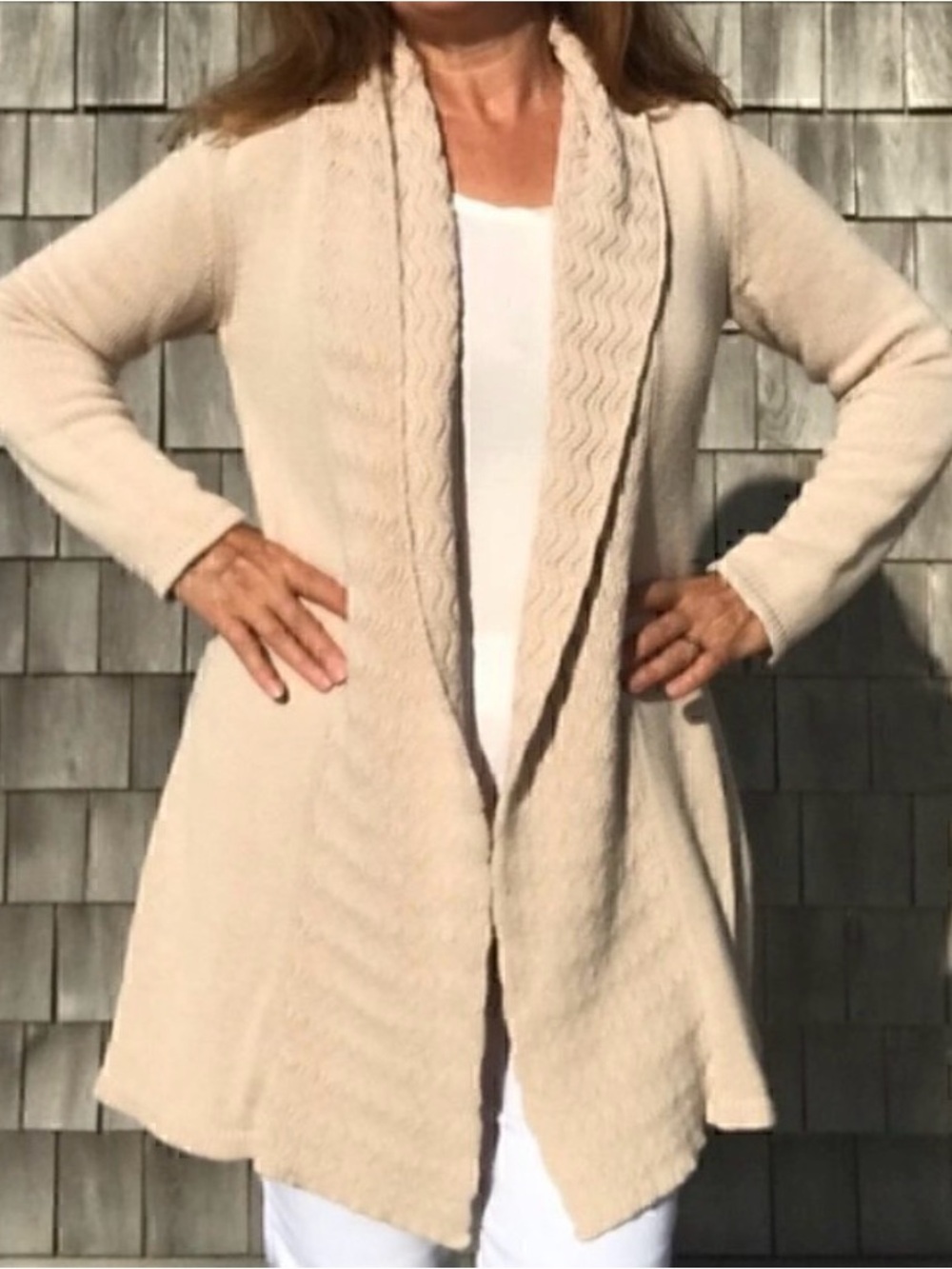 Leo & Nicole Cream Knit Long Cardigan Sweater Size M Shawl Collar